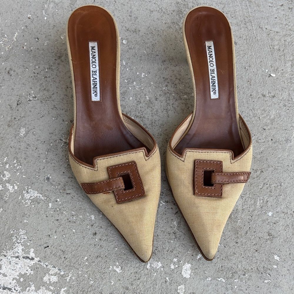 Manolo Blahnik Beige Canvas and Brown Leather Pointed Mules
